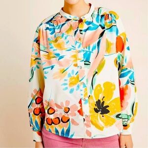 Anthropologie Chrisanta Cotton Button Down Bright Floral Shirt